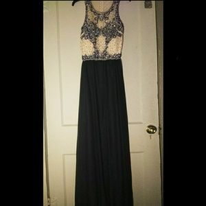Nude and navy blue sleeveless prom dress